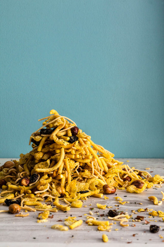 pile of chevdo, indian bhuja mix, bombay mix