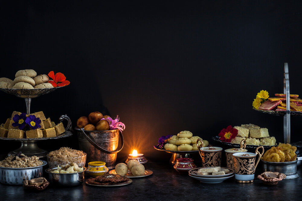 Mithai, a selection on indian sweets from nan khatai, barfi, panda, ladoo, hulva, hulwa, kaju katli, magaaj, mulpura, mulpoora