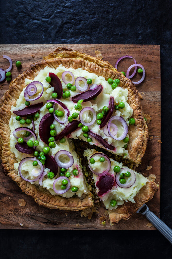Gujarati Masala Dressed Kheemo pie with mashed potaoes, peas, red onion and beetroot