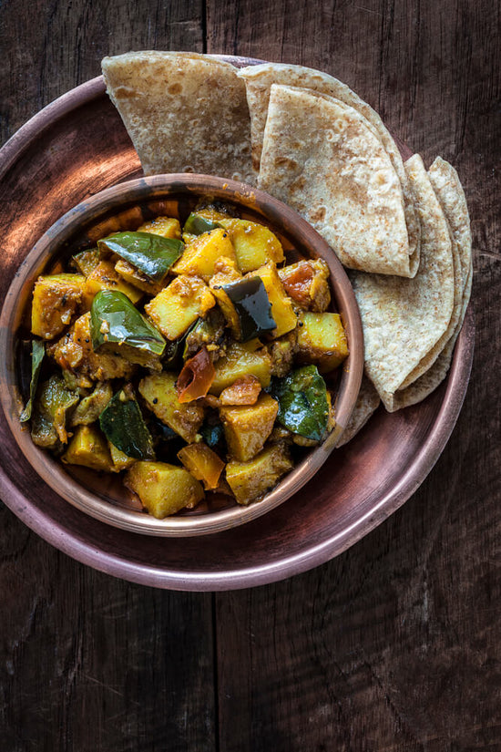 ringan ane bateta, bataka nu shaak, potato and eggplant curry with rotli