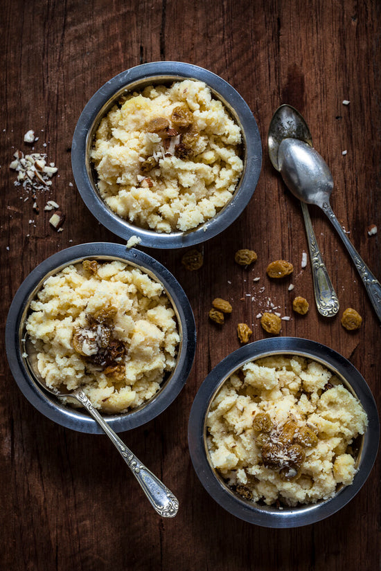 Shiro - Gujarati sweet dessert in 3 bowls with spoons ready to eat